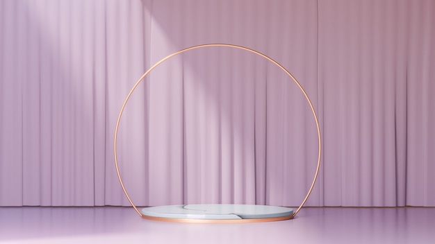 3D rendering background. Marble white gold cylinder stage podium with gold circle display products and a lite pink curtain wall. Image for presentation.