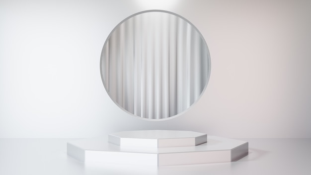 3D rendering background. White step stage podium display product with a white wall and circle frame with white curtain. Image for presentation.