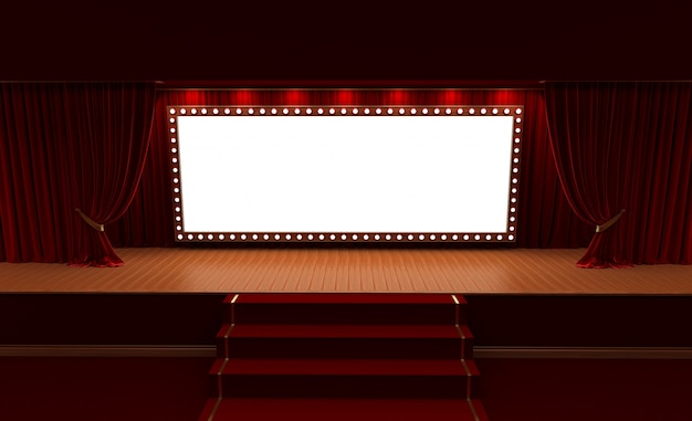 3d rendering of Background with a red curtain and a spotlight. Festival night show poster. 