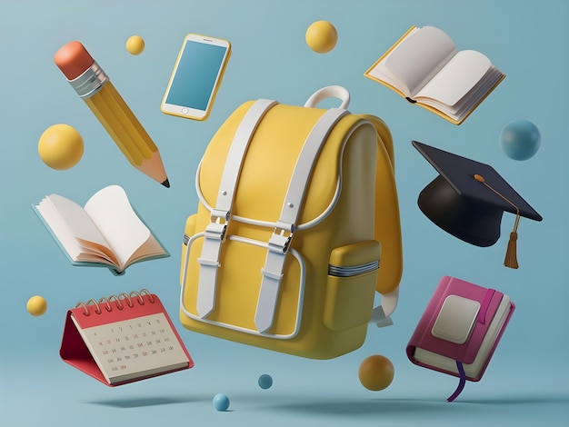 3d rendering backpack with school supplies on solid background back to school concept