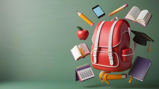 3d rendering backpack with school supplies on solid background back to school concept