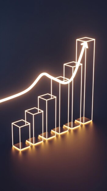 Photo 3d rendering of a bar graph with a glowing white line connecting the bars