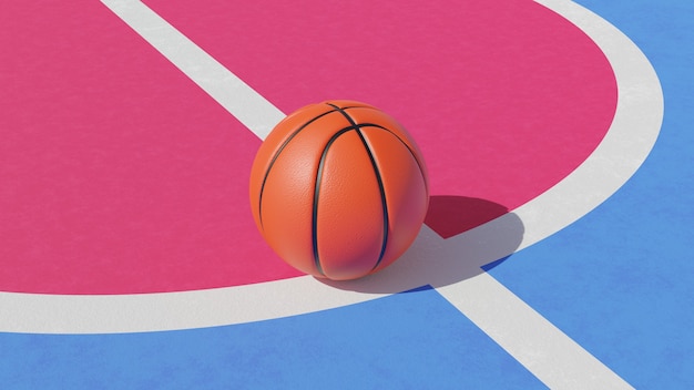 3d rendering of basketball ball on court