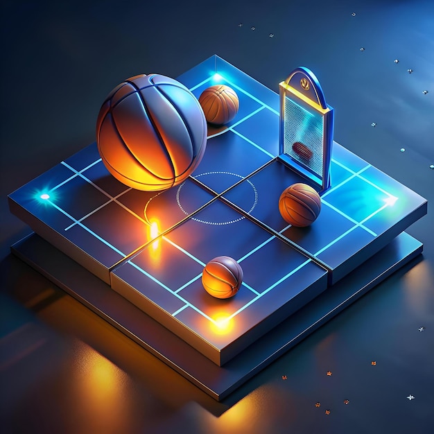 Photo a 3d rendering of a basketball court with a hoop basketballs and glowing lines perfect for sports and game related designs