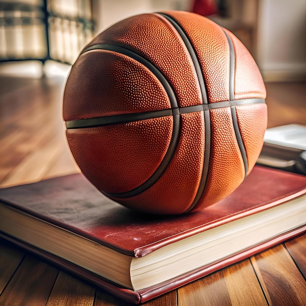 Photo a 3d rendering of a basketball resting on top of a closed book