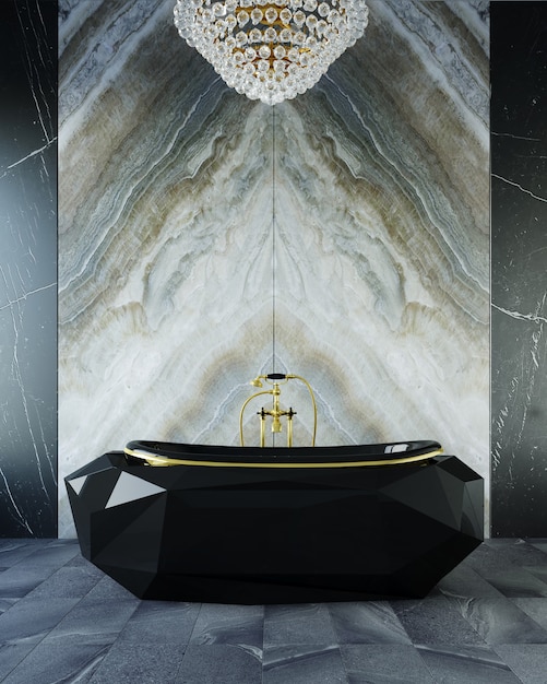 3D rendering of bathroom. Luxurious black bathtub standing in an expensive bathroom.