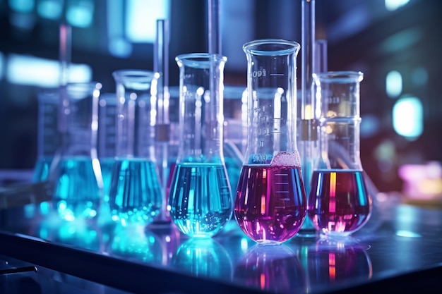 3D rendering of beakers and test tubes in laboratory medical chemistry experiment concept