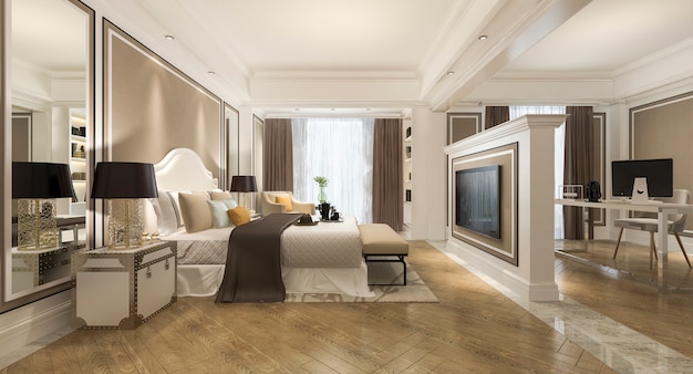 3d rendering beautiful classic luxury bedroom suite in hotel with tv and working table and european style furniture