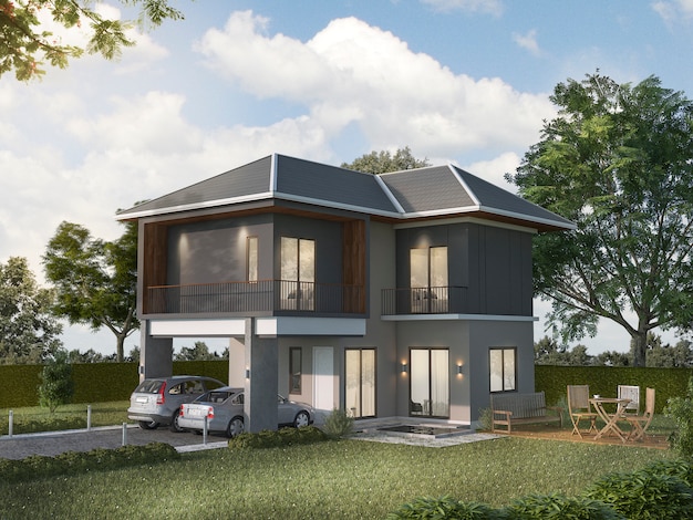 3d rendering beautiful exterior grey house 