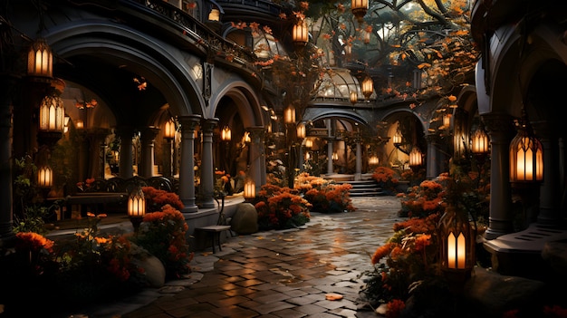 3d rendering of a beautiful fantasy garden with lanterns and flowers