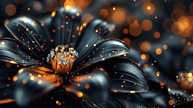 Photo 3d rendering of a beautiful flower made of glasslike material with a shiny golden pistil and stamen