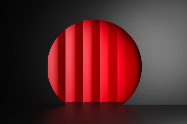 3D rendering. Beautiful geometric arch, gate, portal. Abstract geometric arch on a dark wall. Round hole, entrance to the wall with a red screen.