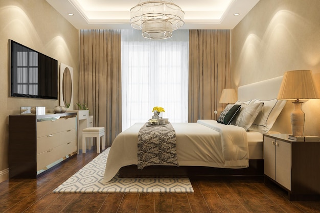 3d rendering beautiful luxury bedroom suite in hotel with tv and chandelier