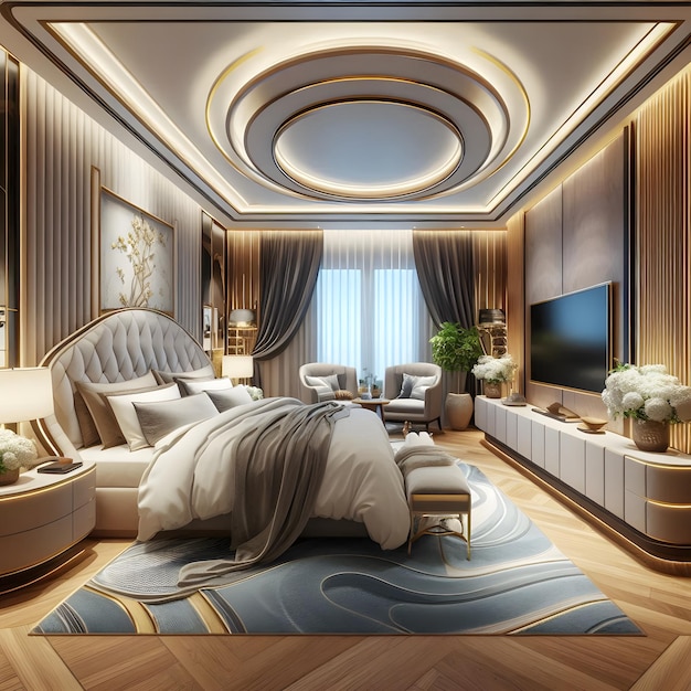 3d rendering beautiful luxury bedroom suite in hotel with tv and shelf