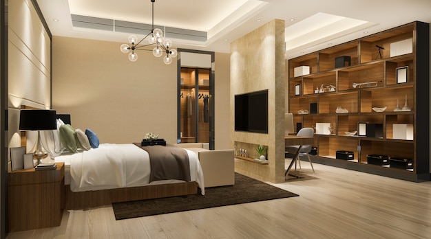 3d rendering beautiful luxury bedroom suite in hotel with tv and working table and wardrobe