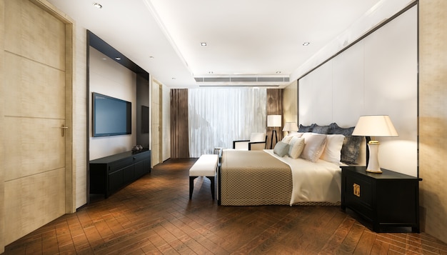 3d rendering beautiful luxury bedroom suite in hotel with tv and working table