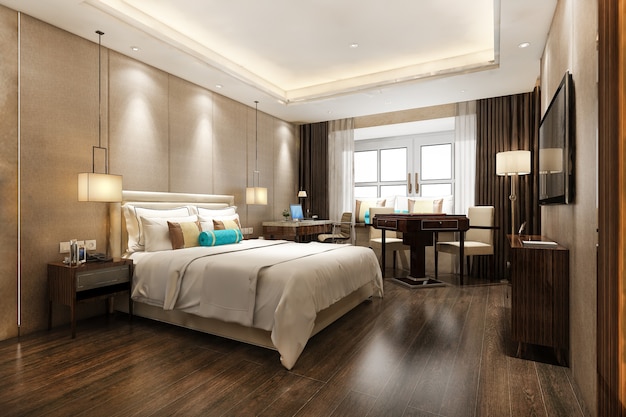 3d rendering beautiful luxury bedroom suite in hotel with tv and working table