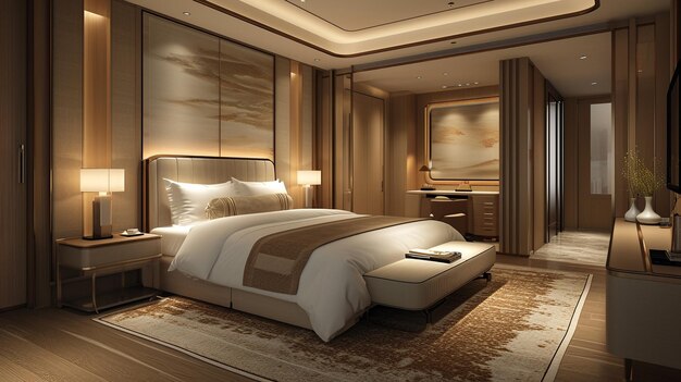 3d rendering beautiful luxury bedroom suite in hotel with tv and working table