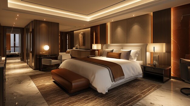 3d rendering beautiful luxury bedroom suite in hotel with tv and working table