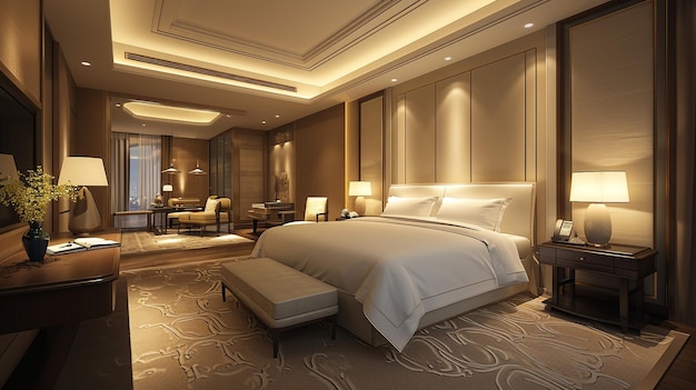 3d rendering beautiful luxury bedroom suite in hotel with tv and working table