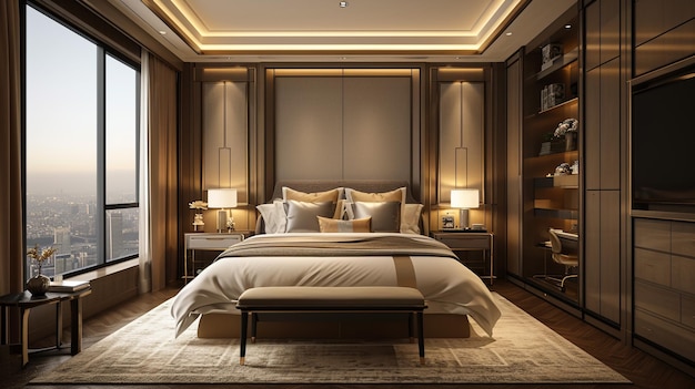 3d rendering beautiful luxury bedroom suite in hotel with tv and working table