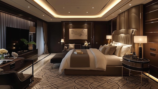 3d rendering beautiful luxury bedroom suite in hotel with tv and working table