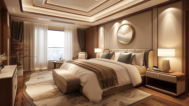 3d rendering beautiful luxury bedroom suite in hotel with tv and working table