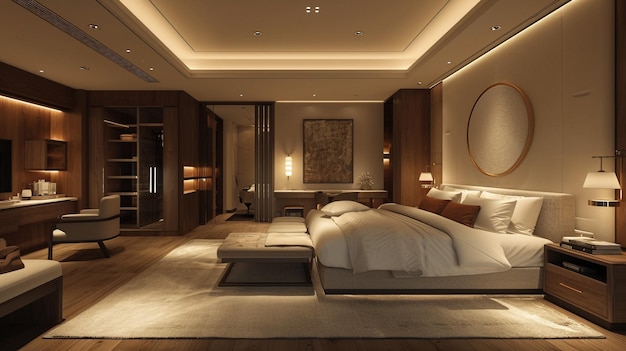 3d rendering beautiful luxury bedroom suite in hotel with tv and working table