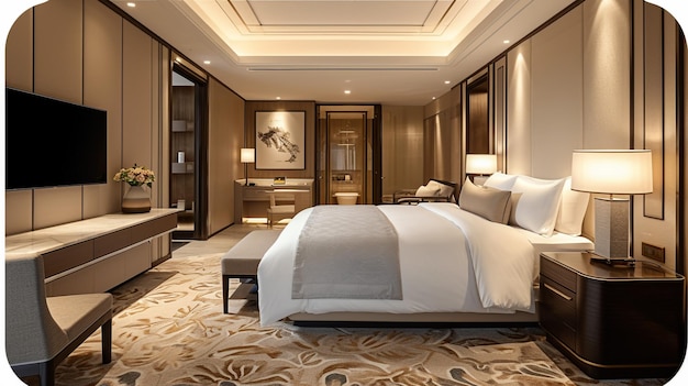 3d rendering beautiful luxury bedroom suite in hotel with tv and working table