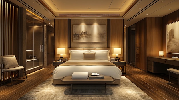 3d rendering beautiful luxury bedroom suite in hotel with tv and working table