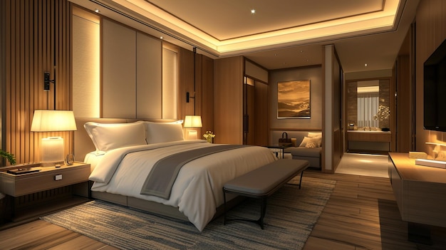 3d rendering beautiful luxury bedroom suite in hotel with tv and working table