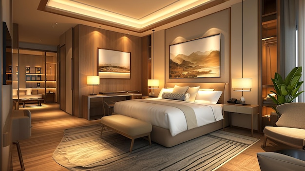 3d rendering beautiful luxury bedroom suite in hotel with tv and working table