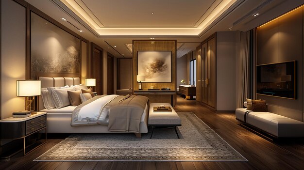 3d rendering beautiful luxury bedroom suite in hotel with tv and working table