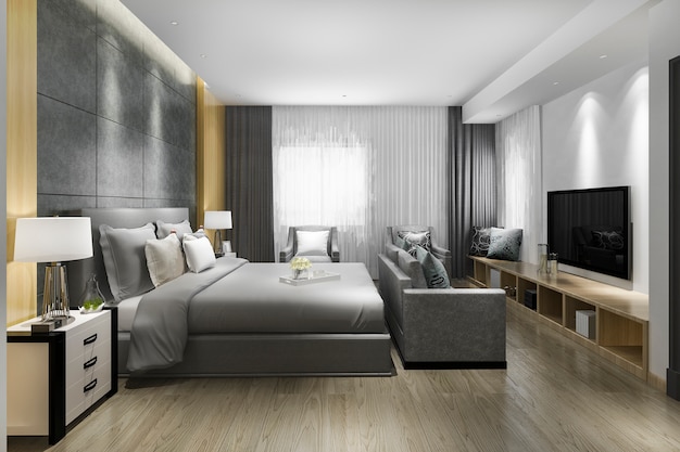 3d rendering beautiful luxury bedroom suite in hotel with tv