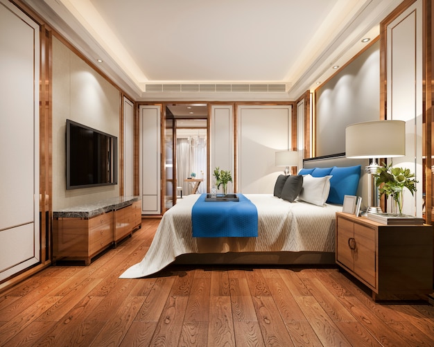 3d rendering of beautiful luxury blue bedroom suite in hotel with tv