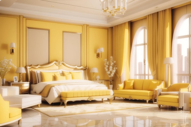 3d rendering beautiful luxury yellow bedroom suite in hotel with tv and couch