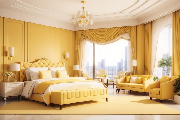 3d rendering beautiful luxury yellow bedroom suite in hotel with tv and couch