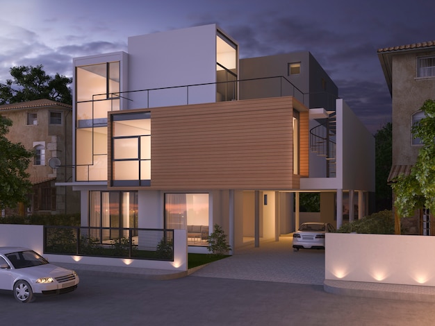 3d rendering beautiful modern black brick house near park and nature at night