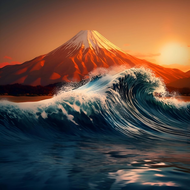 3D rendering of beautiful mountain fuji and ocean wave at sunset