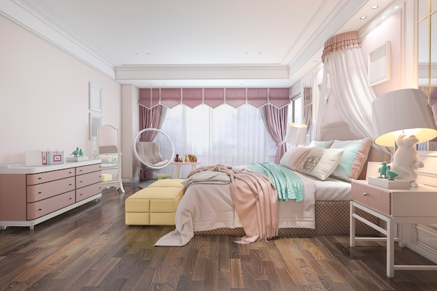 3d rendering beautiful pink vintage kid bedroom