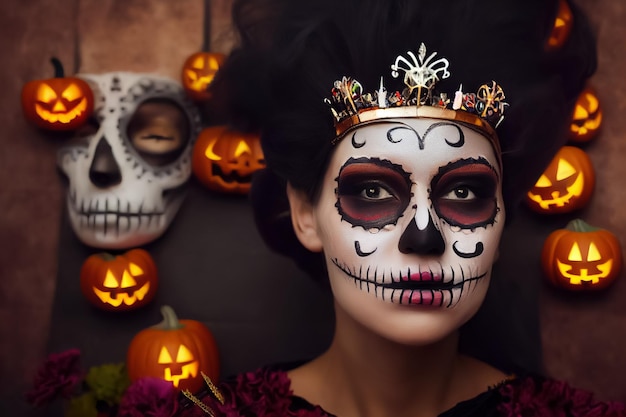 3d rendering of a beautiful woman with a day of the dead makeup for halloween