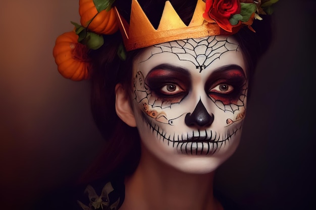 3d rendering of a beautiful woman with a day of the dead makeup for halloween