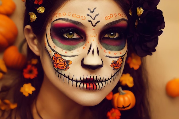 3d rendering of a beautiful woman with a day of the dead makeup for halloween