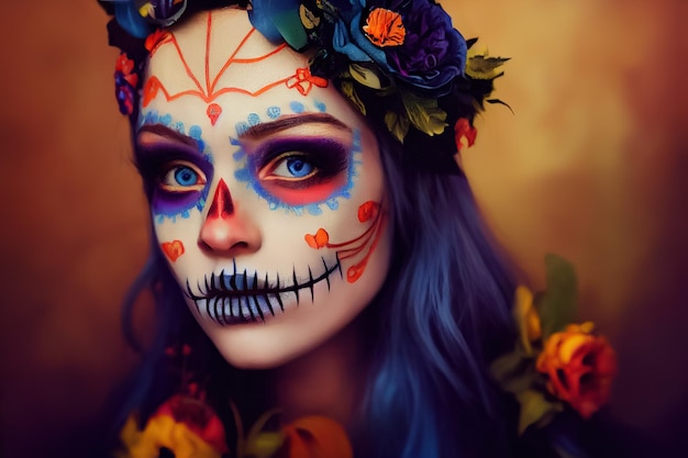 3d rendering of a beautiful woman with a day of the dead makeup for halloween