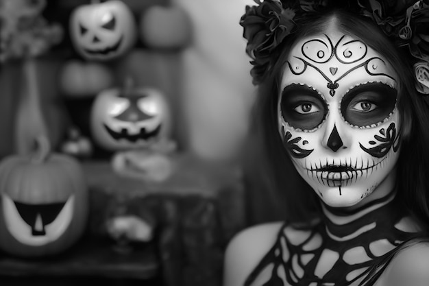 3d rendering of a beautiful woman with a day of the dead makeup for halloween