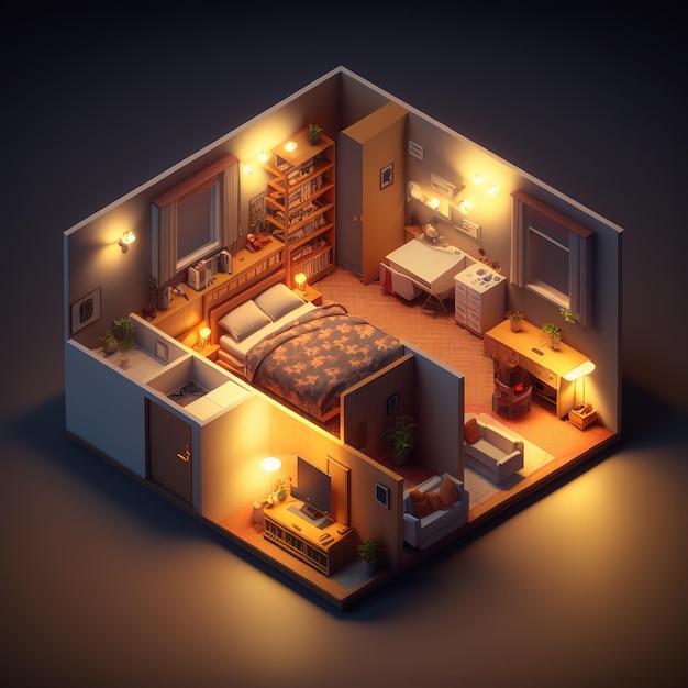 A 3d rendering of a bedroom with a bed, desk, and other furniture.