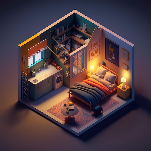 A 3d rendering of a bedroom with a bed and a desk with a lamp on it.