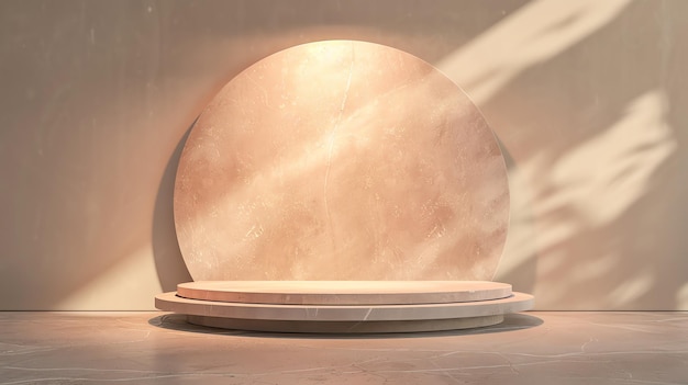 3D rendering of a beige marble podium with a round backdrop The podium is lit by a soft