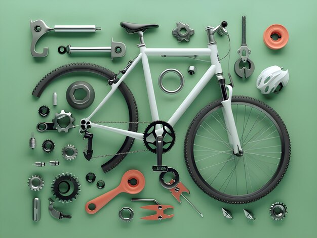 Photo 3d rendering bicycle parts and tools on green