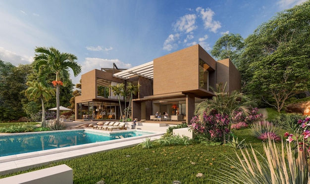 3D rendering of a big contemporary villa in wood and concrete with impressive garden and pool